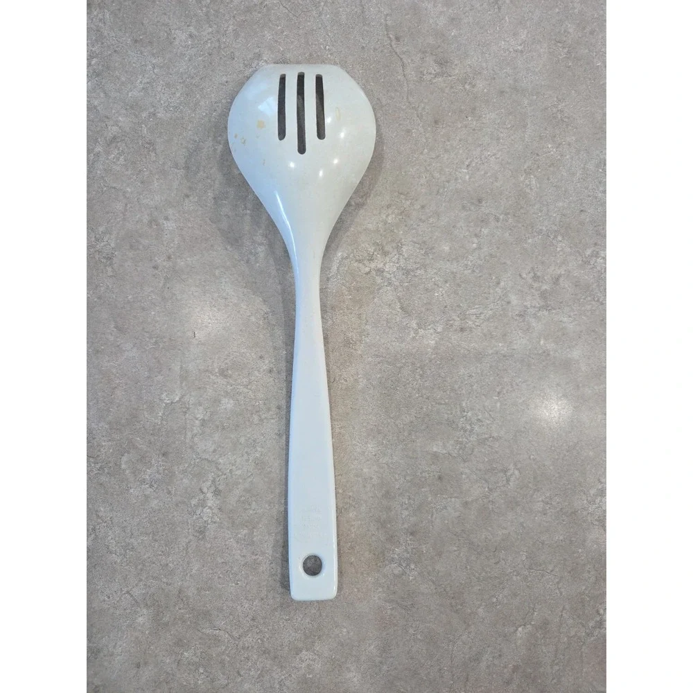 Vintage Melamine White Floral Slotted Serving Spoon Flower Handle